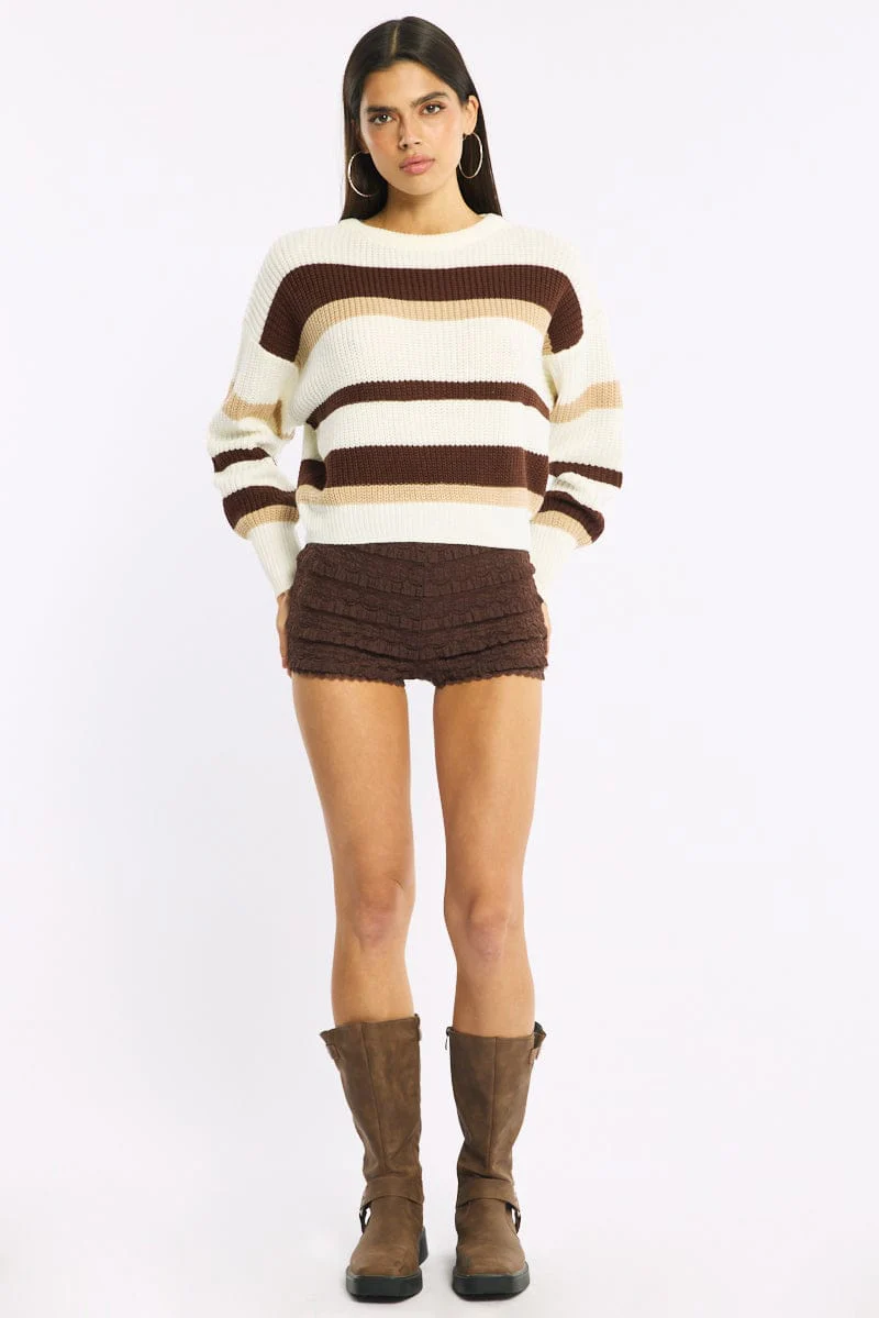 Beige Stripe Knit Top Long Sleeve Color Block - Image 2