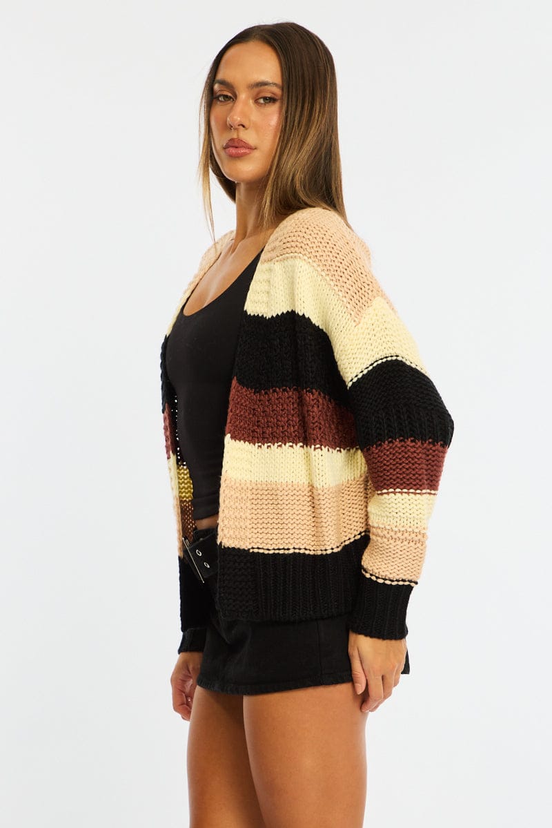 Beige Stripe Oversized Knit Cardigan Long Sleeve - Image 4