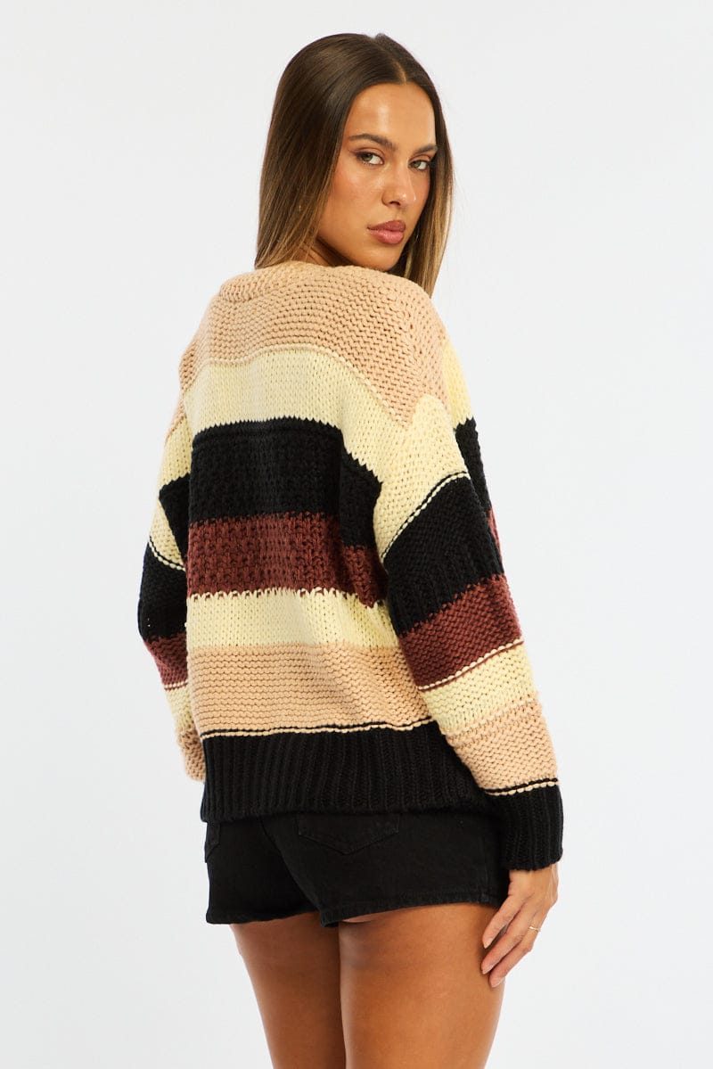 Beige Stripe Oversized Knit Cardigan Long Sleeve - Image 5