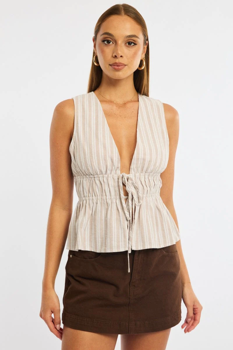 Beige Stripe Tie Up Vest Sleeveless