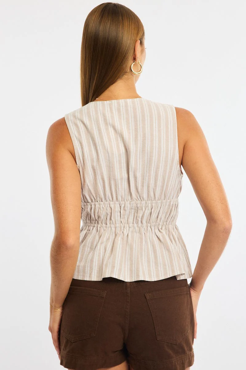 Beige Stripe Tie Up Vest Sleeveless - Image 4