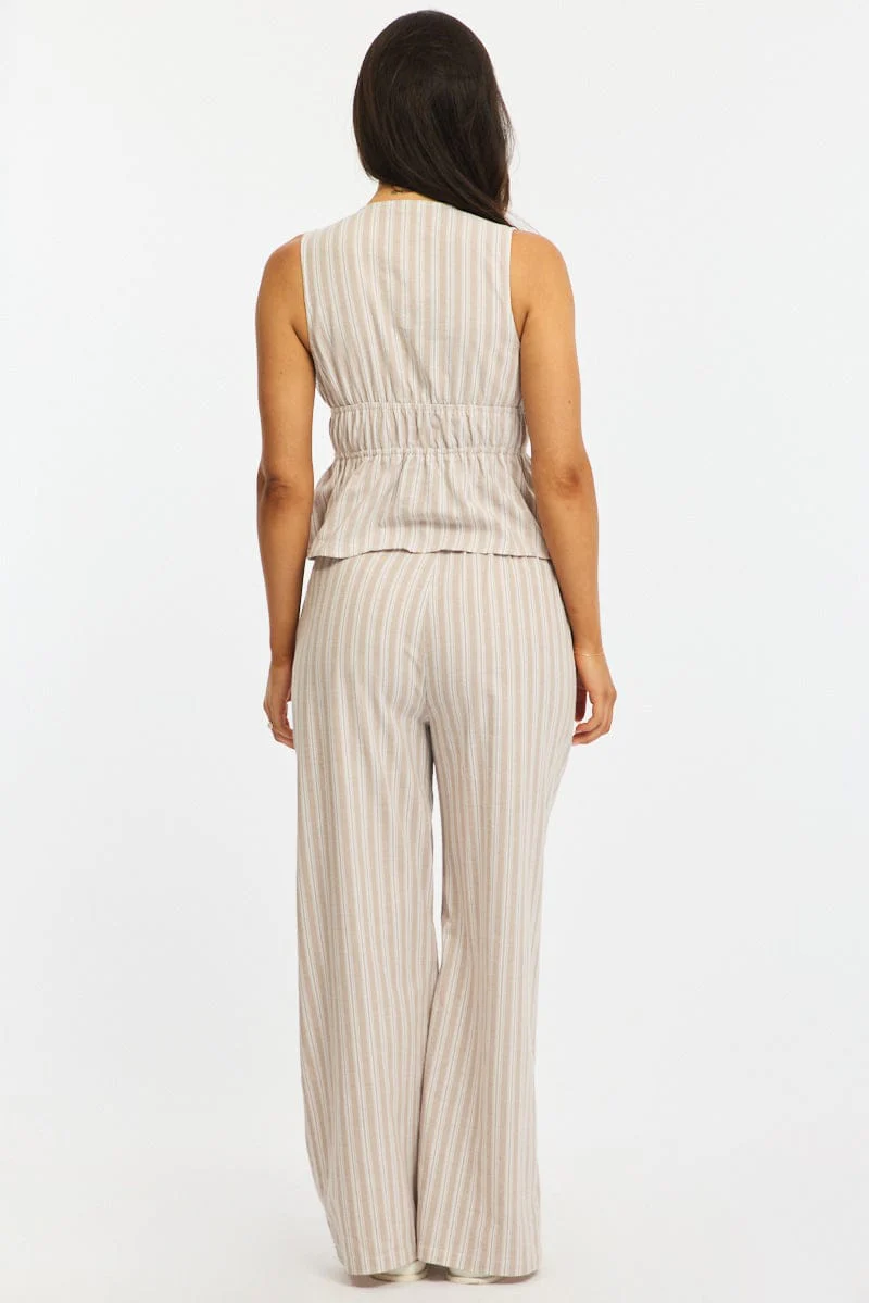 Beige Stripe Wide Leg Pants Elasticated Waist - Image 5