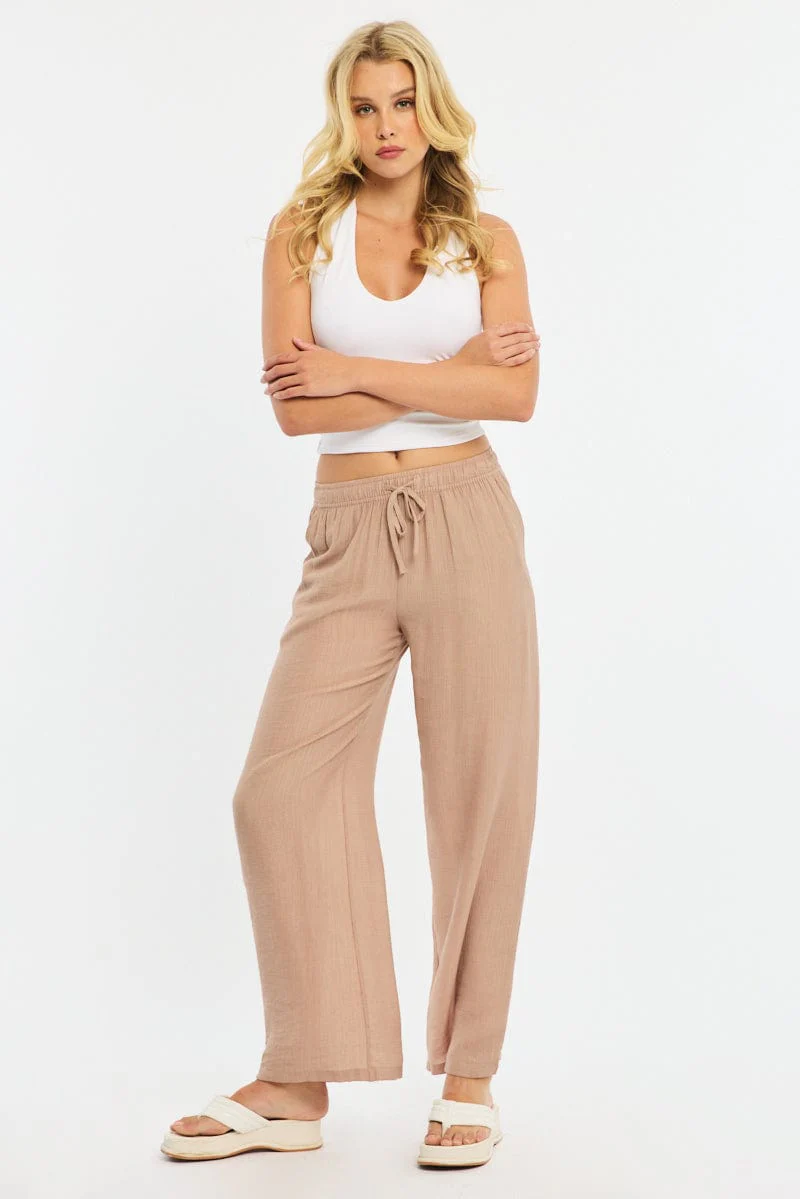 Beige Stripe Wide Leg Pants Elasticated Waist - Image 3