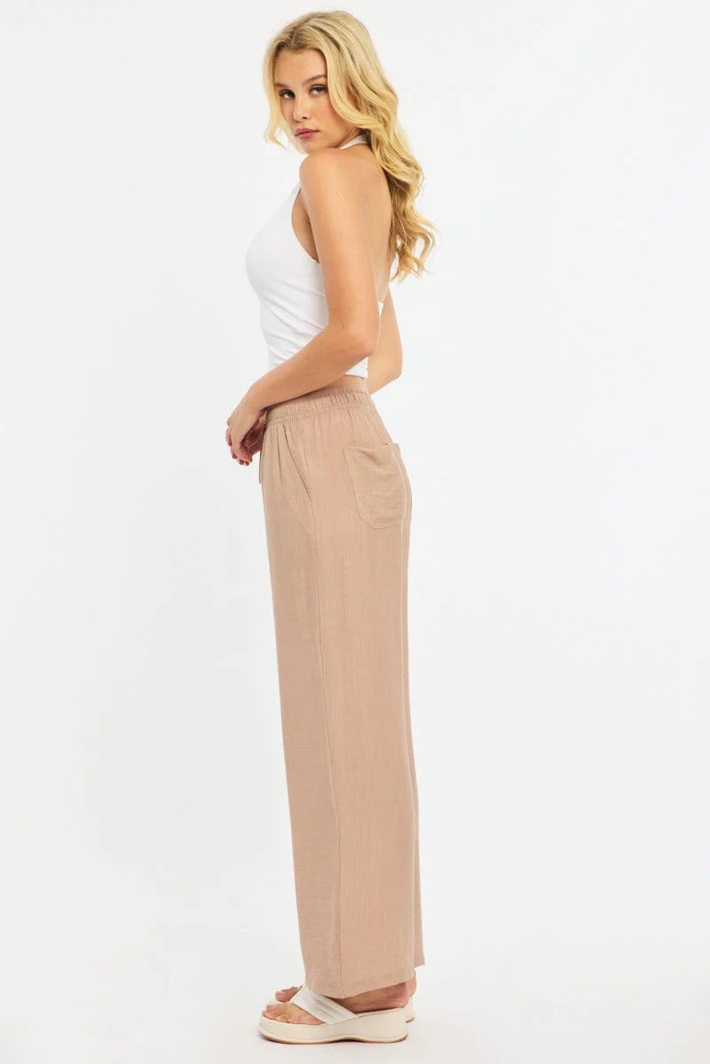 Beige Stripe Wide Leg Pants Elasticated Waist - Image 4