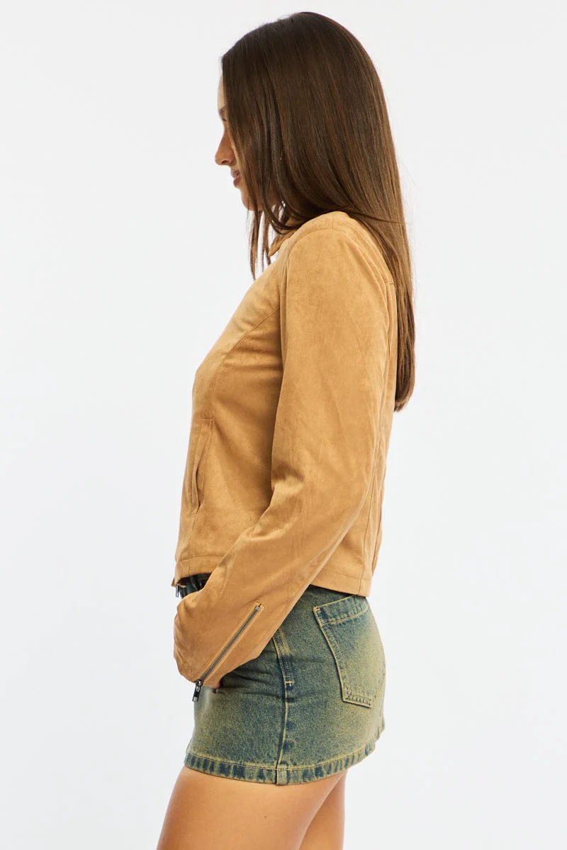 Beige Suede Jacket Long Sleeve - Image 4