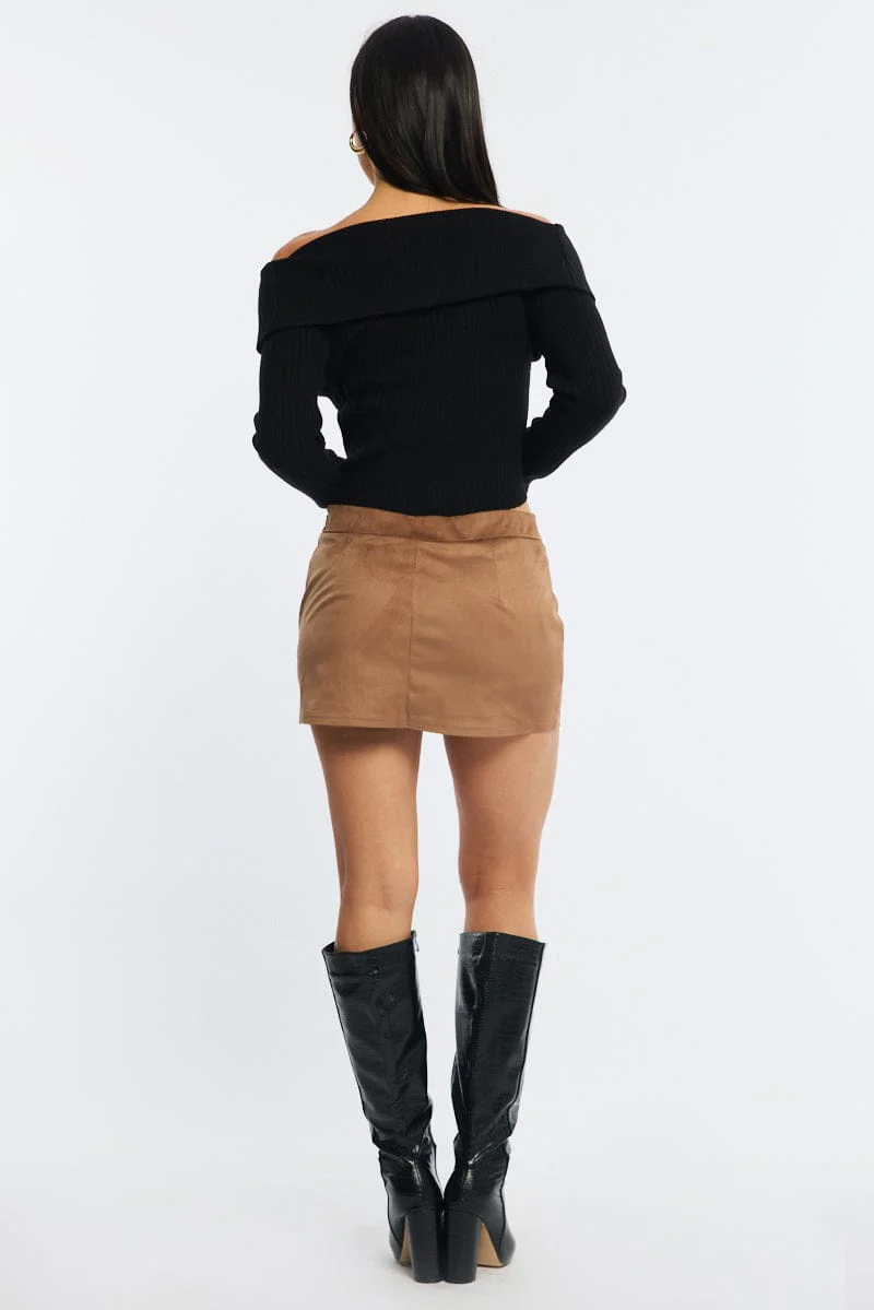Beige Suede Mini Skort Skirt Mid Rise Faux Leather - Image 5