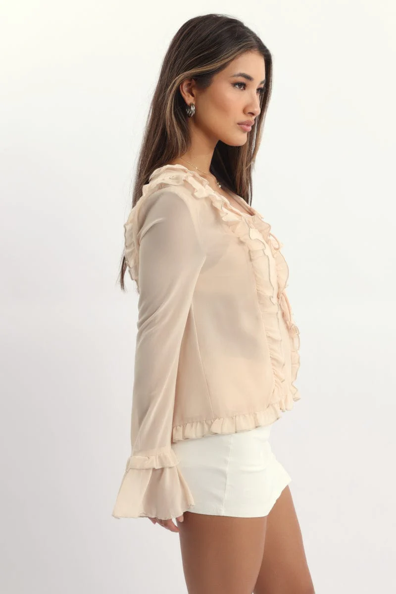 Beige Tie Up Top Long Sleeve V Neck Filled - Image 3