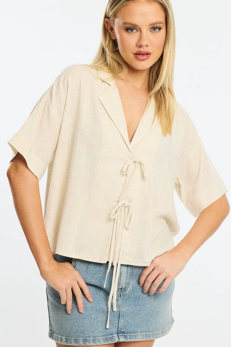 Beige Tie Up Top Short Sleeve - Image 5