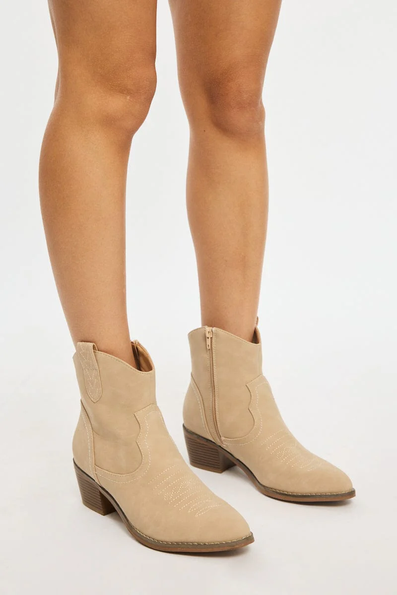 Beige Western Ankle Boots