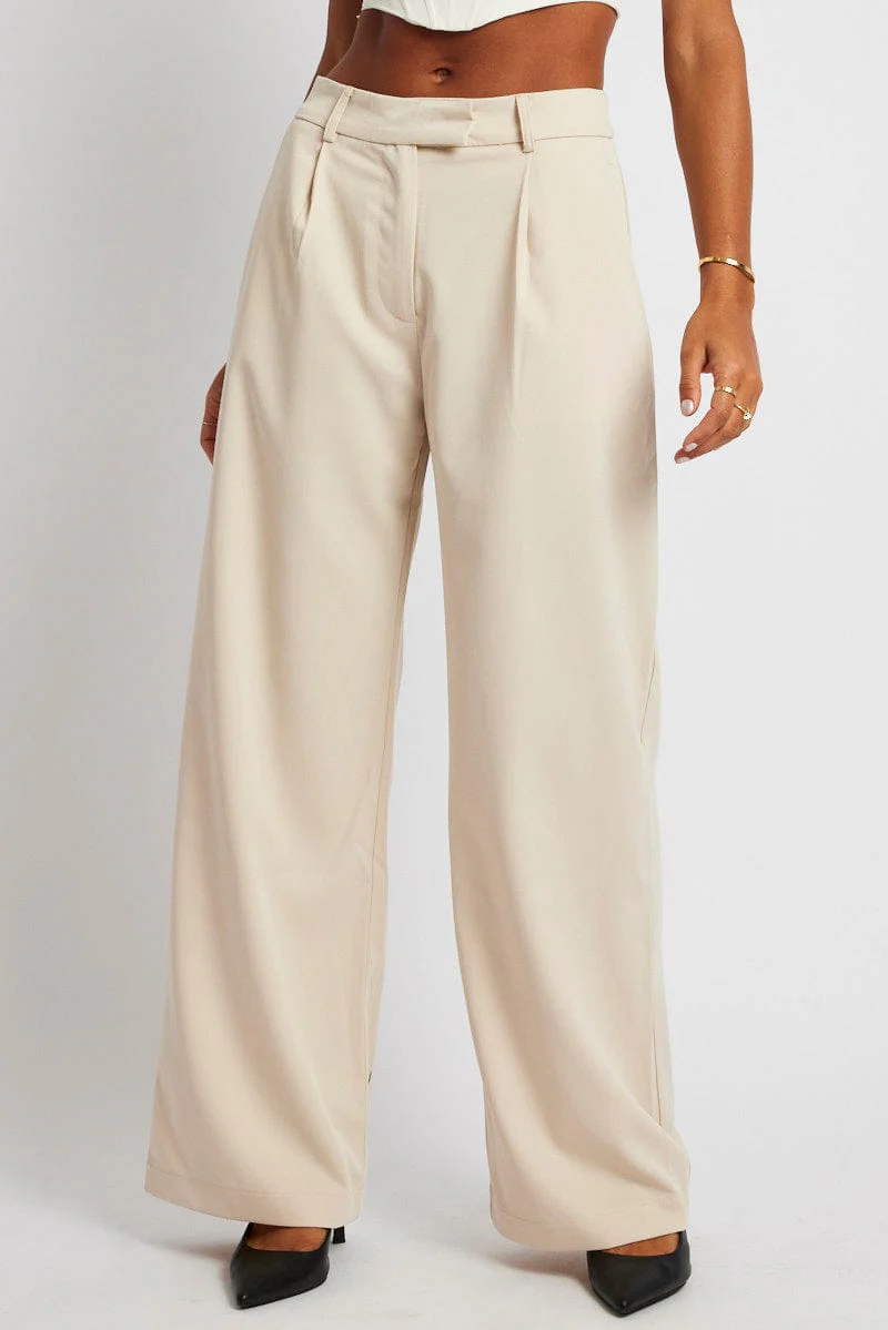 Beige Wide Leg Pants Mid Rise - Image 3
