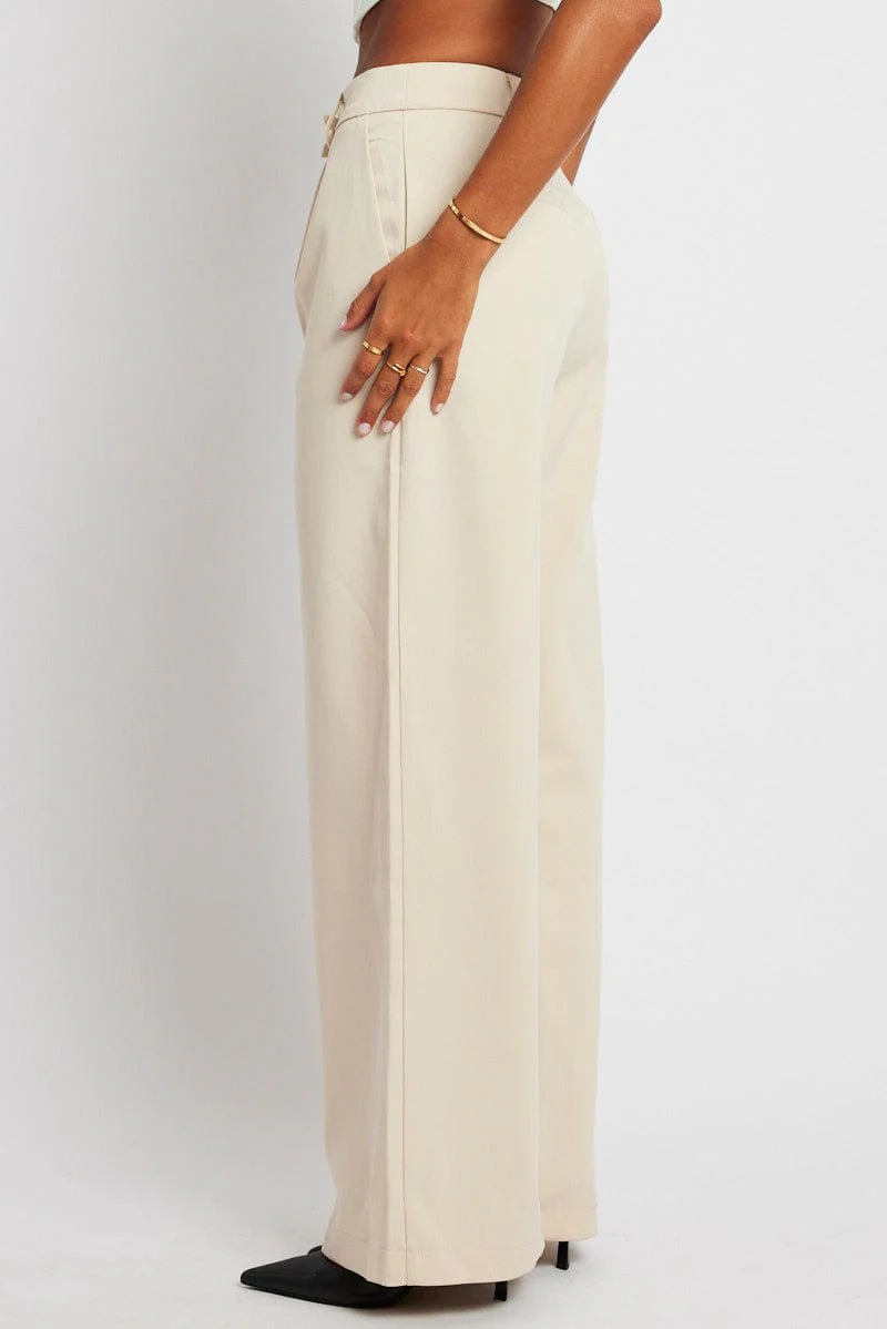 Beige Wide Leg Pants Mid Rise - Image 4