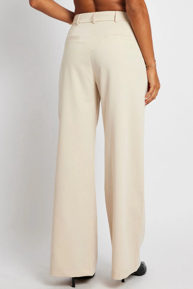 Beige Wide Leg Pants Mid Rise - Image 5