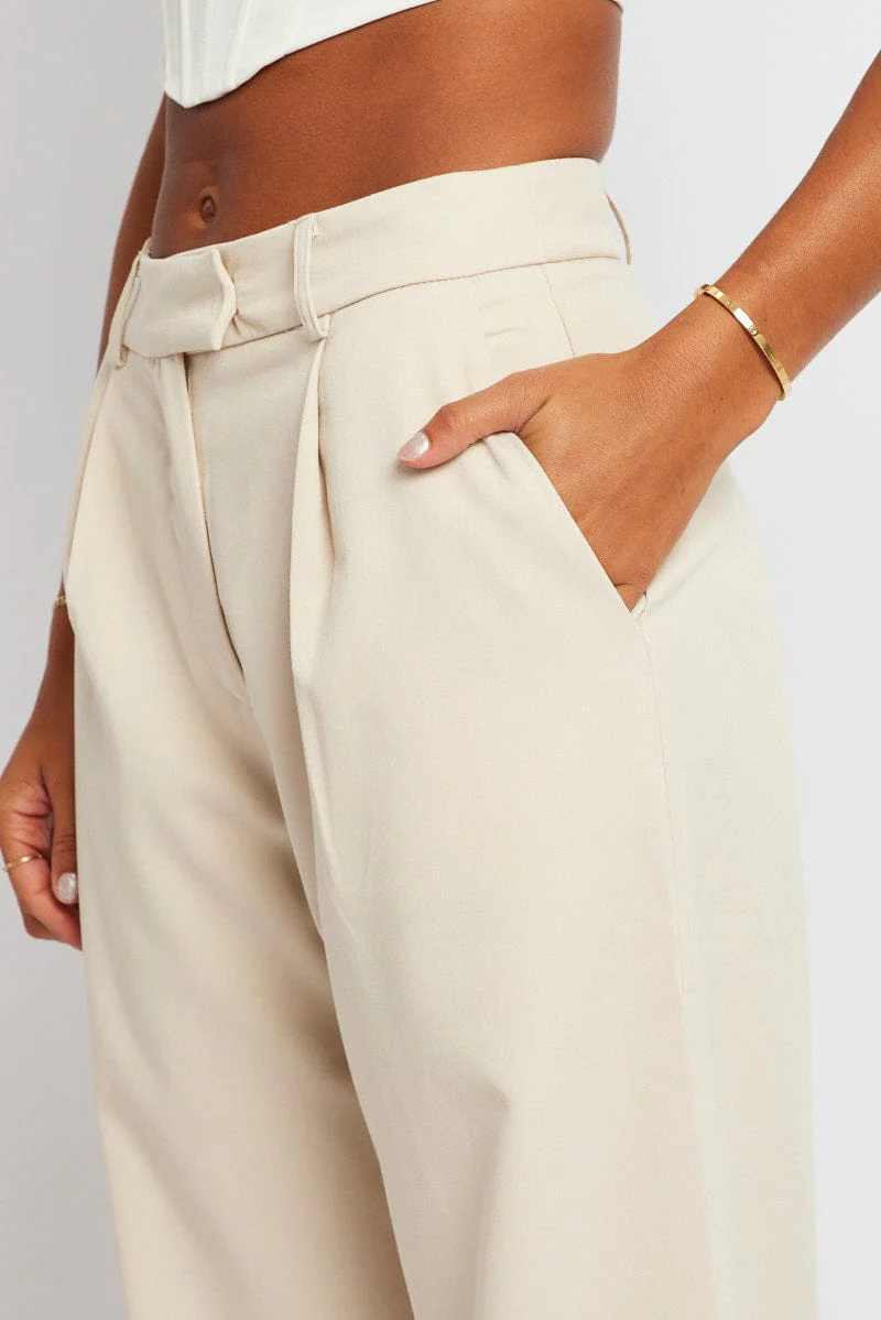 Beige Wide Leg Pants Mid Rise - Image 6