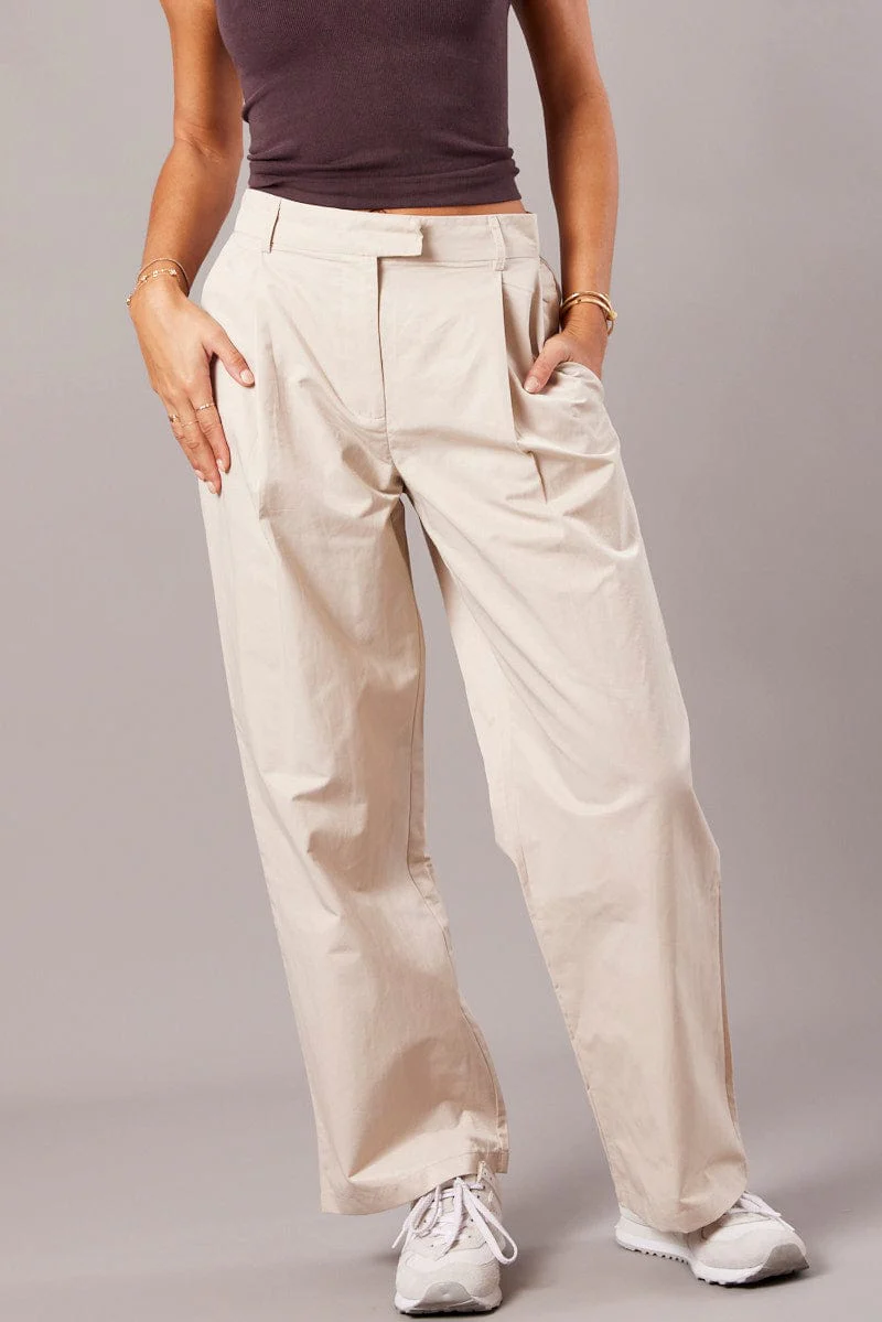 Beige Wide Leg Pants Pleated Front - Image 3