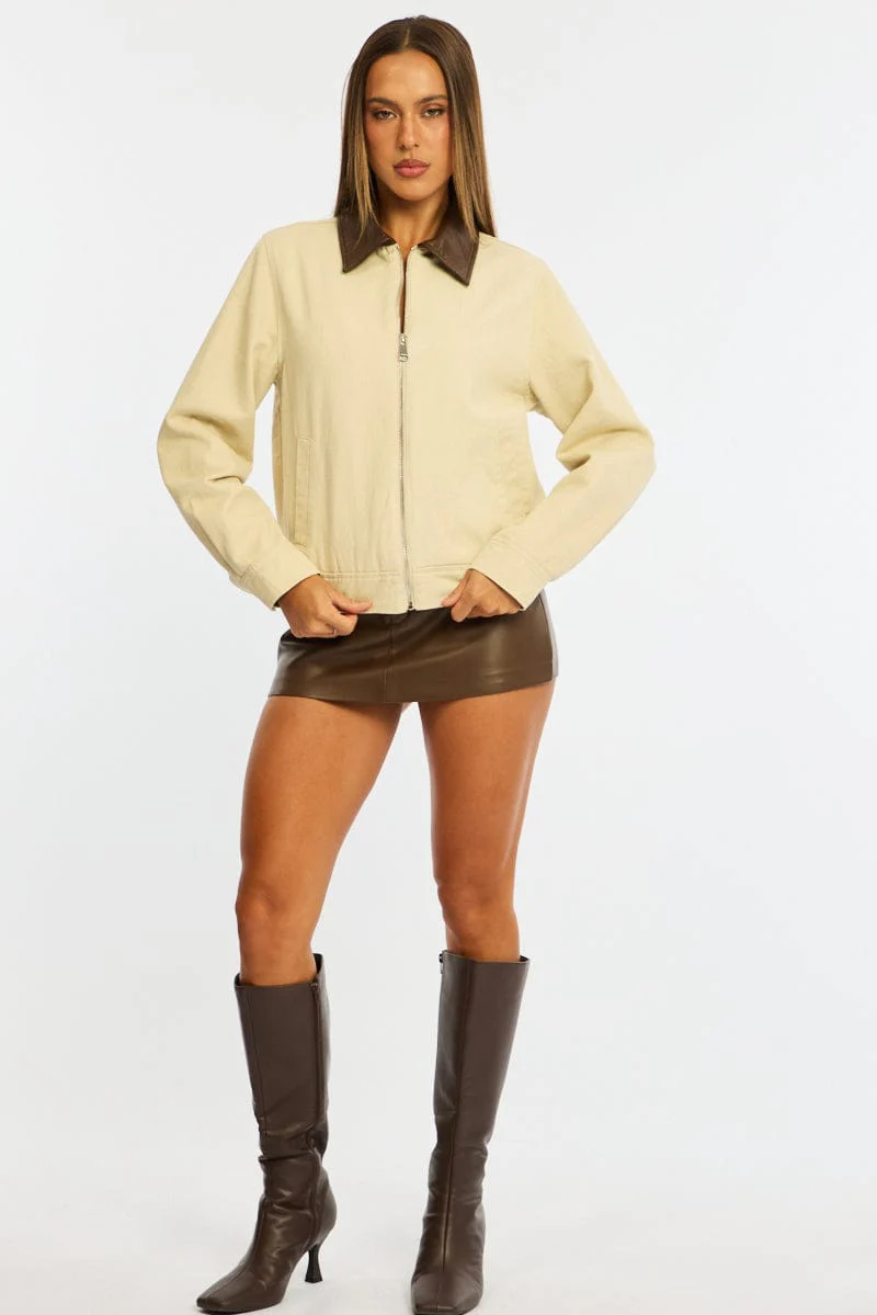 Beige Worker Jacket Faux Leather Collar - Image 2