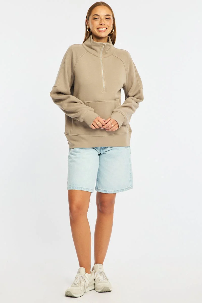 Beige Zip Up Sweater Long Sleeve - Image 2