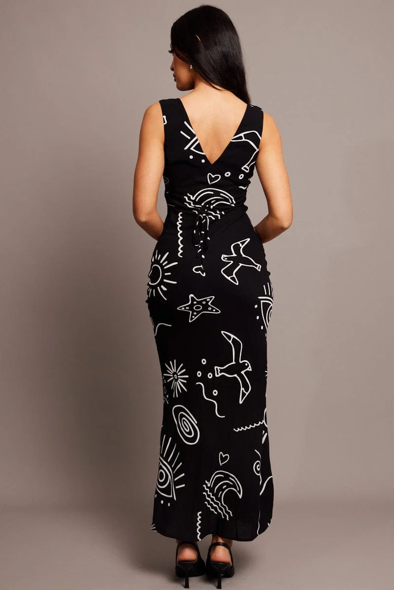 Black Abstract Maxi Dress Plunge V Neck Dress - Image 5