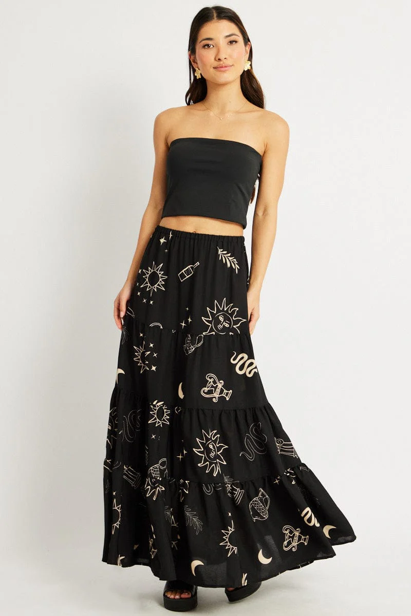Black Abstract Maxi Skirt Tiered High Rise Elastic Waistband - Image 2