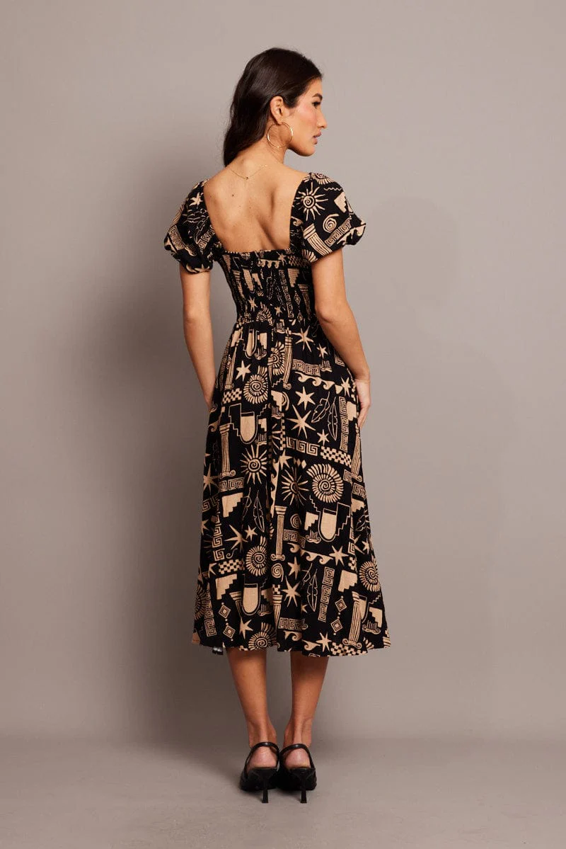 Black Abstract Midi Dress Short Sleeve Ruched Bust - Image 5