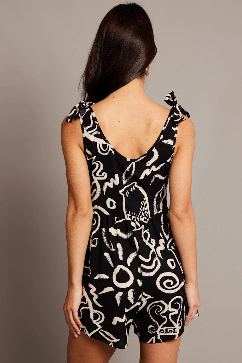 Black Abstract Playsuit Sleeveless Tie Shoulder - Image 5