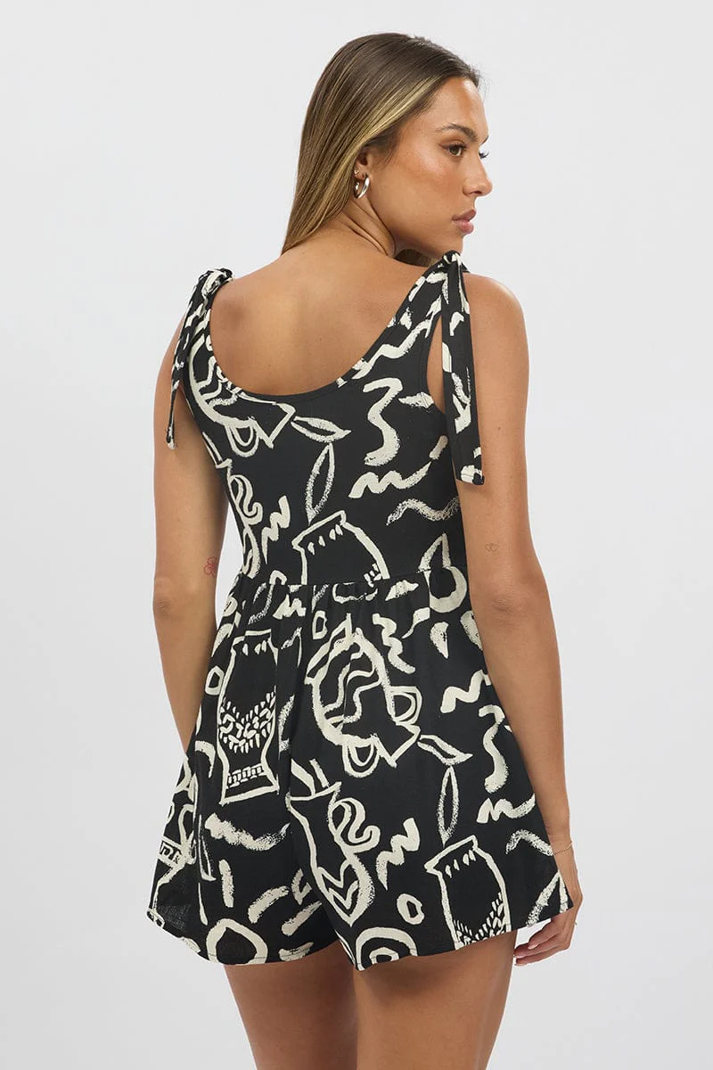 Black Abstract Playsuit Sleeveless Tie Shoulder Linen Blend - Image 5