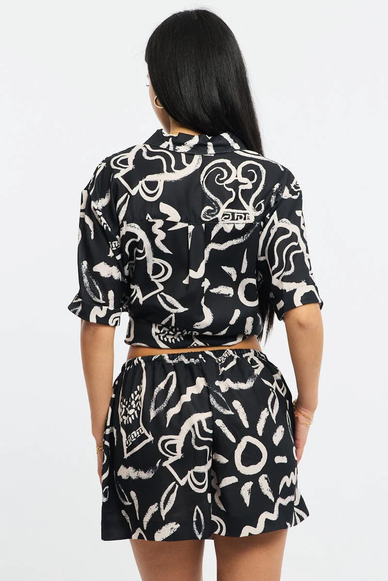 Black Abstract Shorts Mid Rise - Image 4