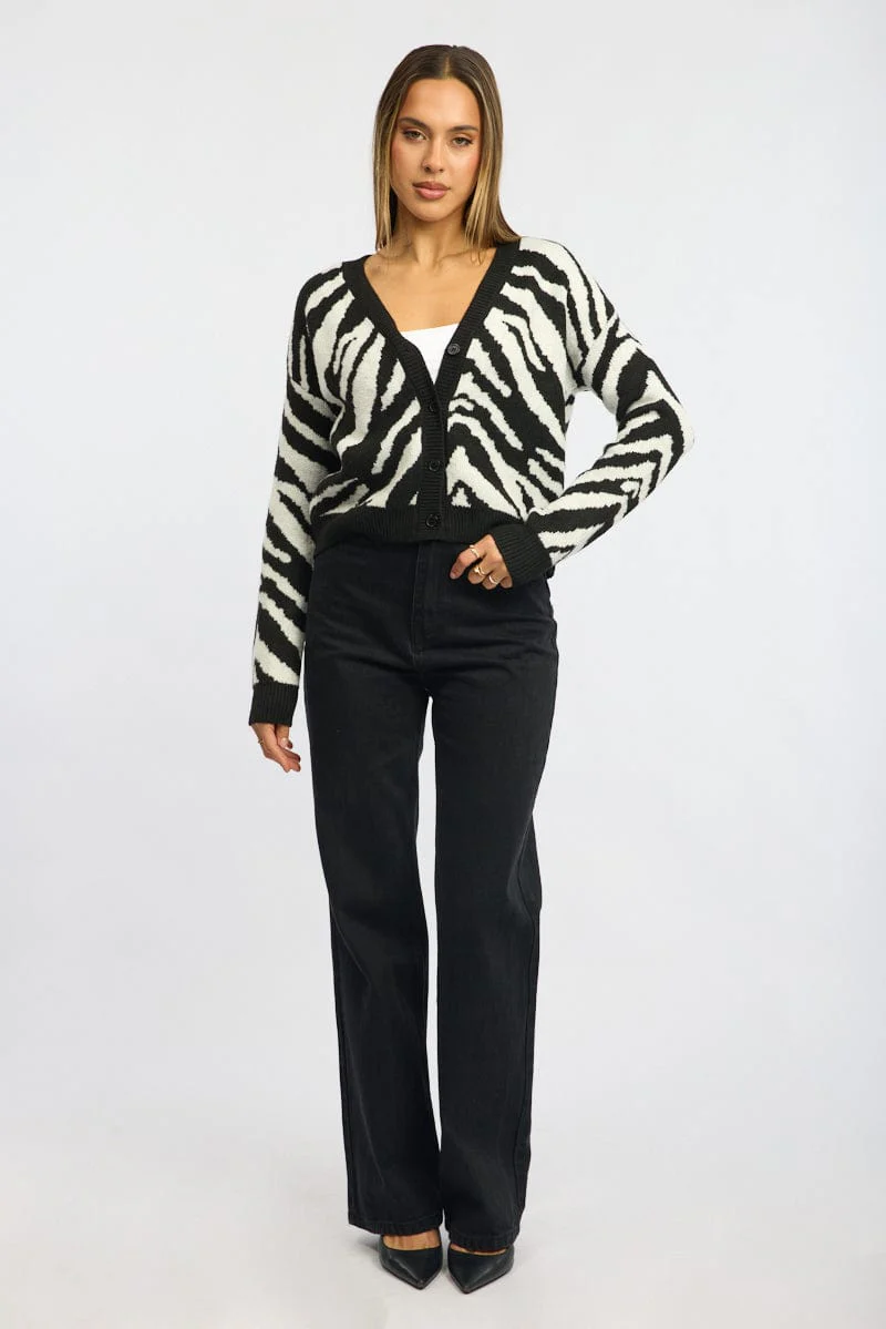 Black Animal Print Oversized Cardigan Long Sleeve V-neck - Image 2