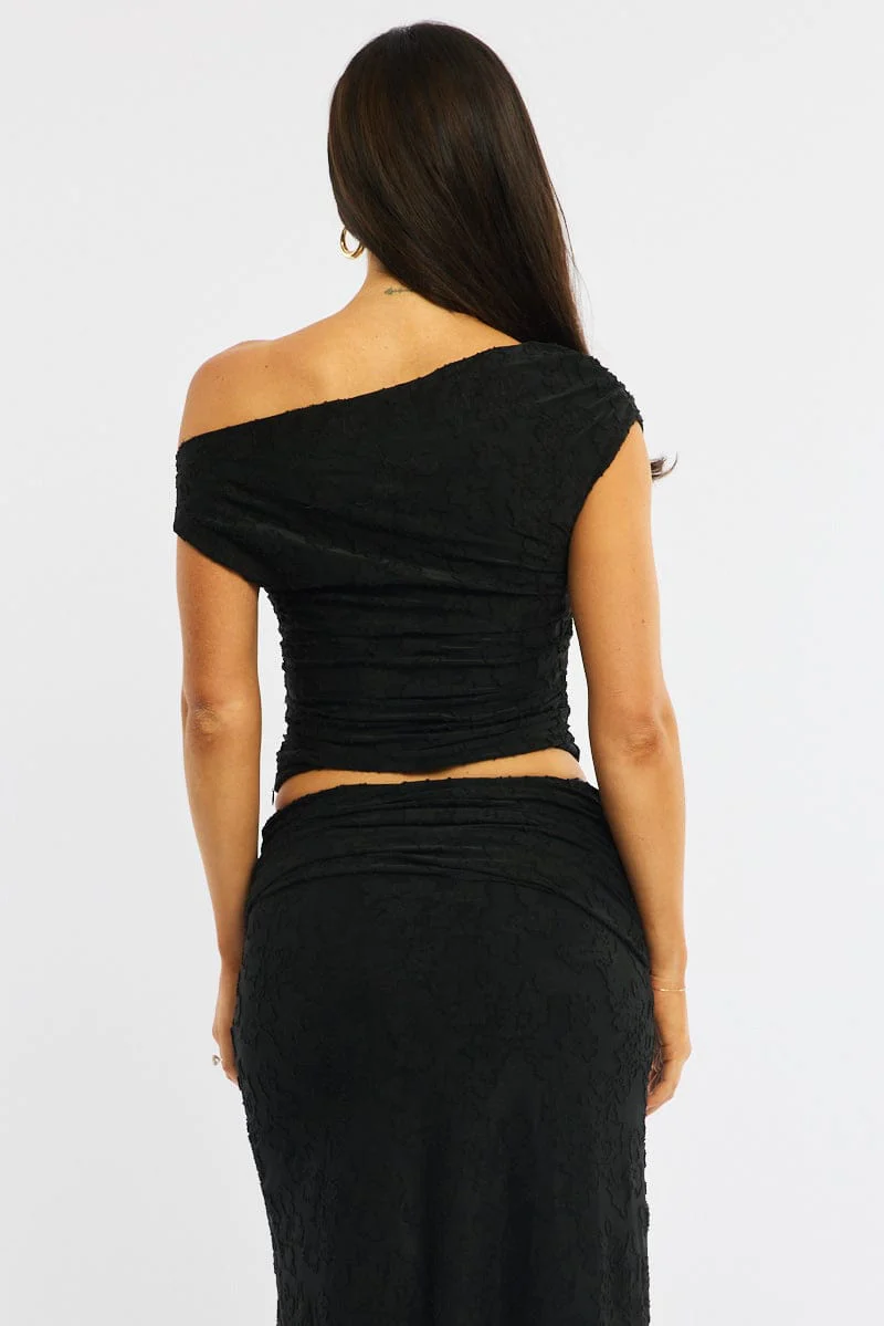 Black Asymmetric Top Sleeveless One Shoulder Textured - Image 4
