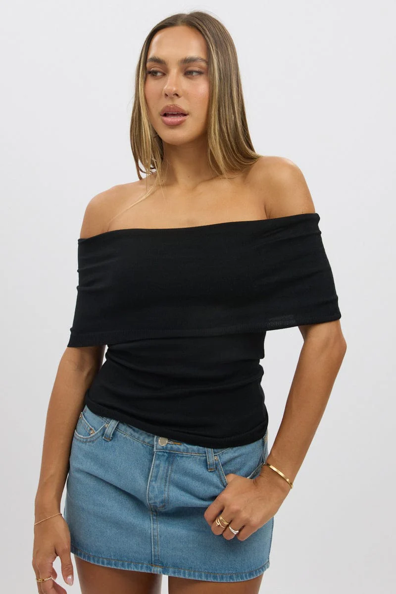 Black Bardot Knit Top Short Sleeve - Image 3