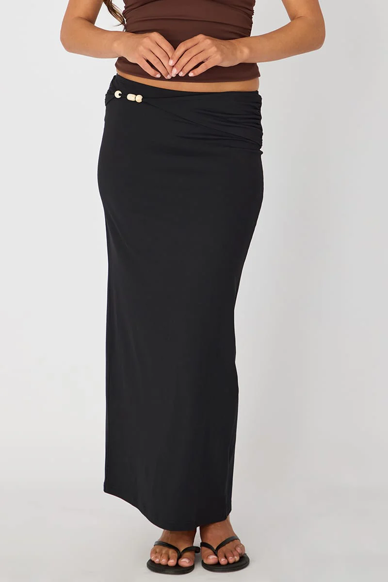 Black Beaded Maxi Skirt Elastic Waist Winter Jersey - Image 2