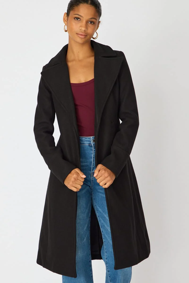 Black Belted Coat Knee Length Long Sleeve - Image 2