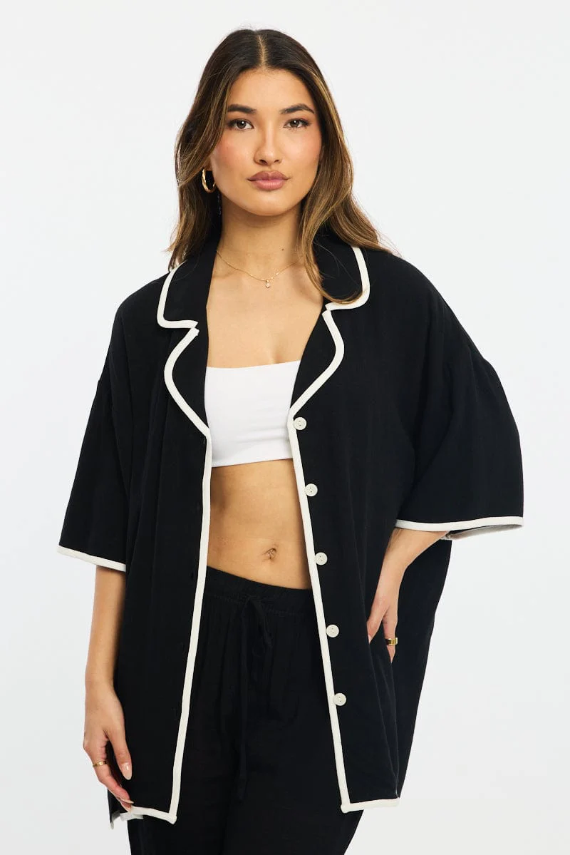 Black Bias Lapel Shirt Short Sleeve Relaxed Linen Blend