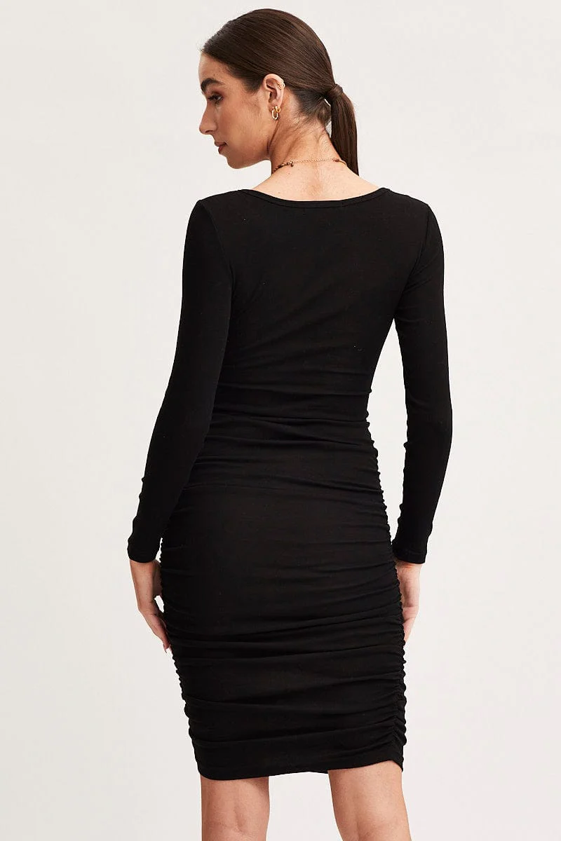 Black Bodycon Dress Long Sleeve Midi Ruched - Image 5
