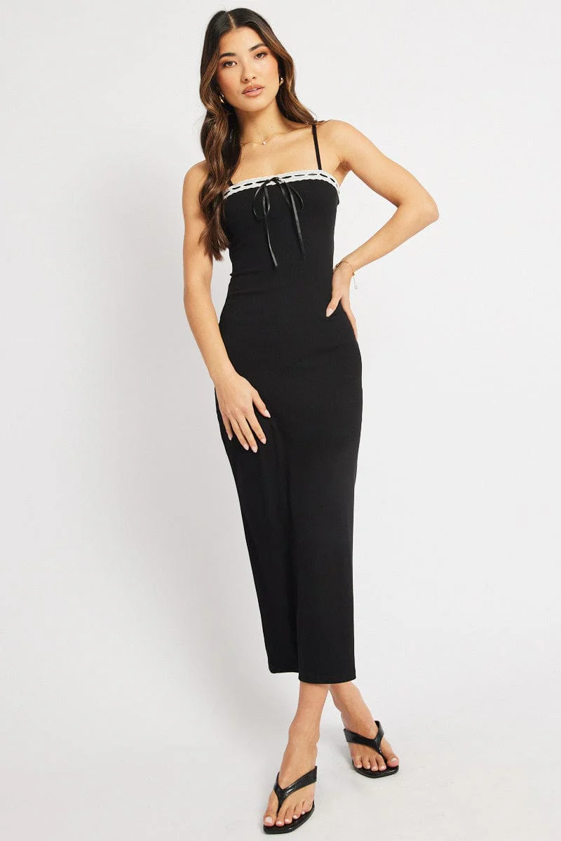 Black Bodycon Dress Maxi Ribbon Trim - Image 2
