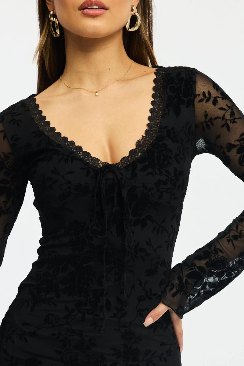 Black Bodycon Dress Mini Long Sleeve Burnout - Image 5
