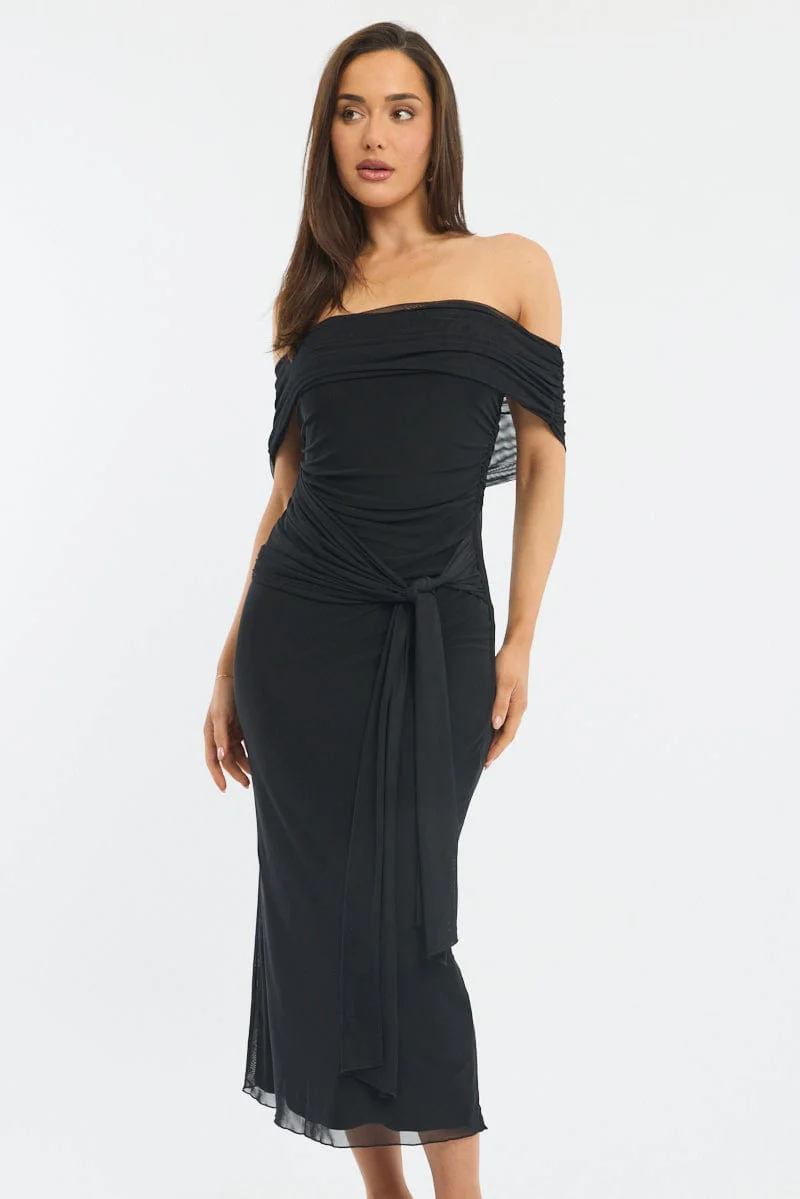 Black Bodycon Dress Off Shoulder Mesh - Image 3