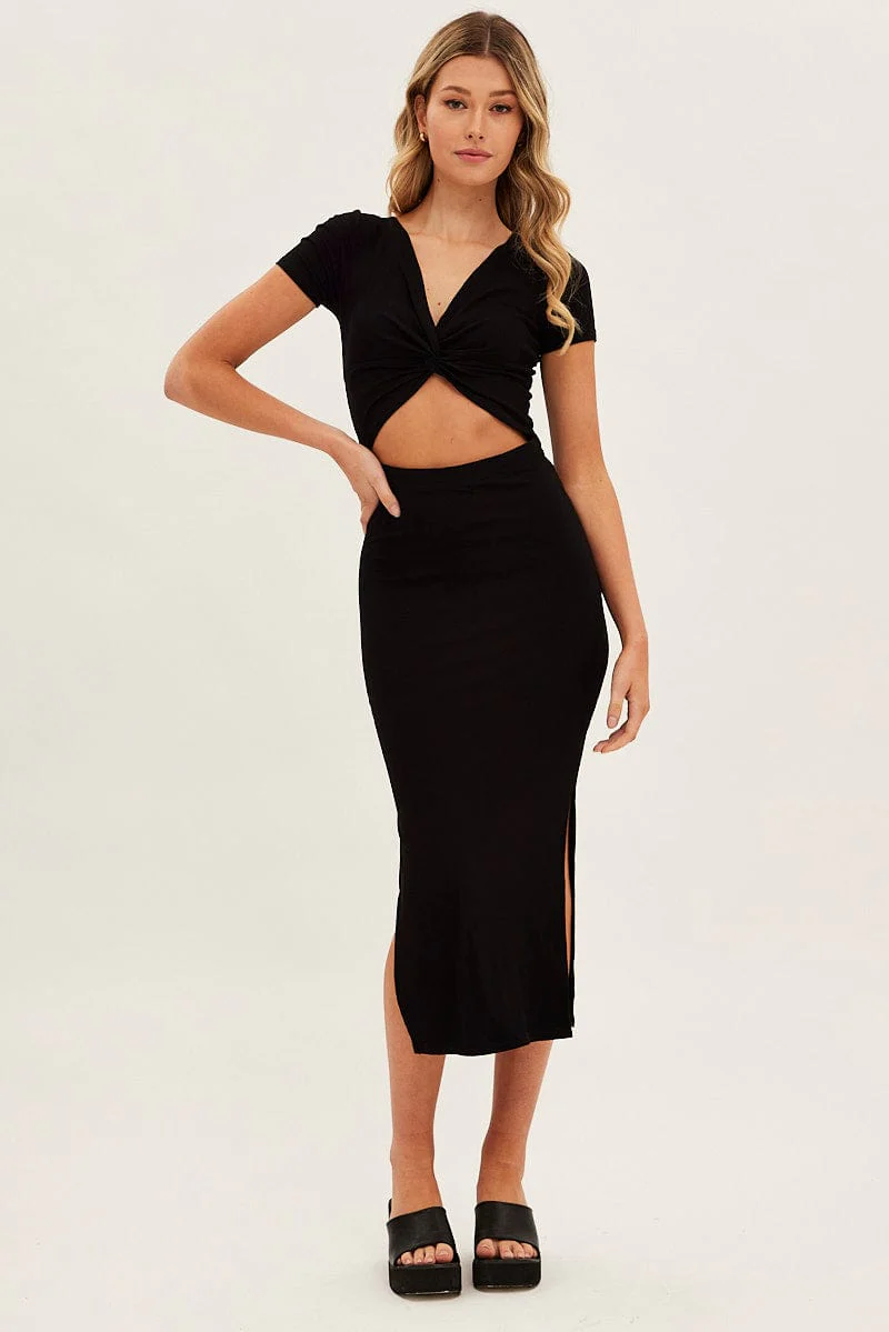 Black Bodycon Dress Rib Twist Front Cut Out Short Sleeve - Image 3