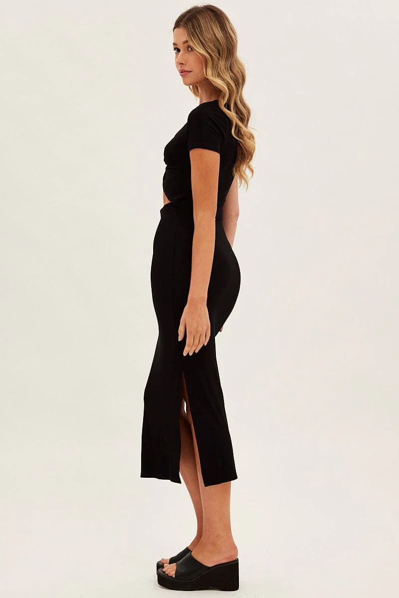 Black Bodycon Dress Rib Twist Front Cut Out Short Sleeve - Image 4