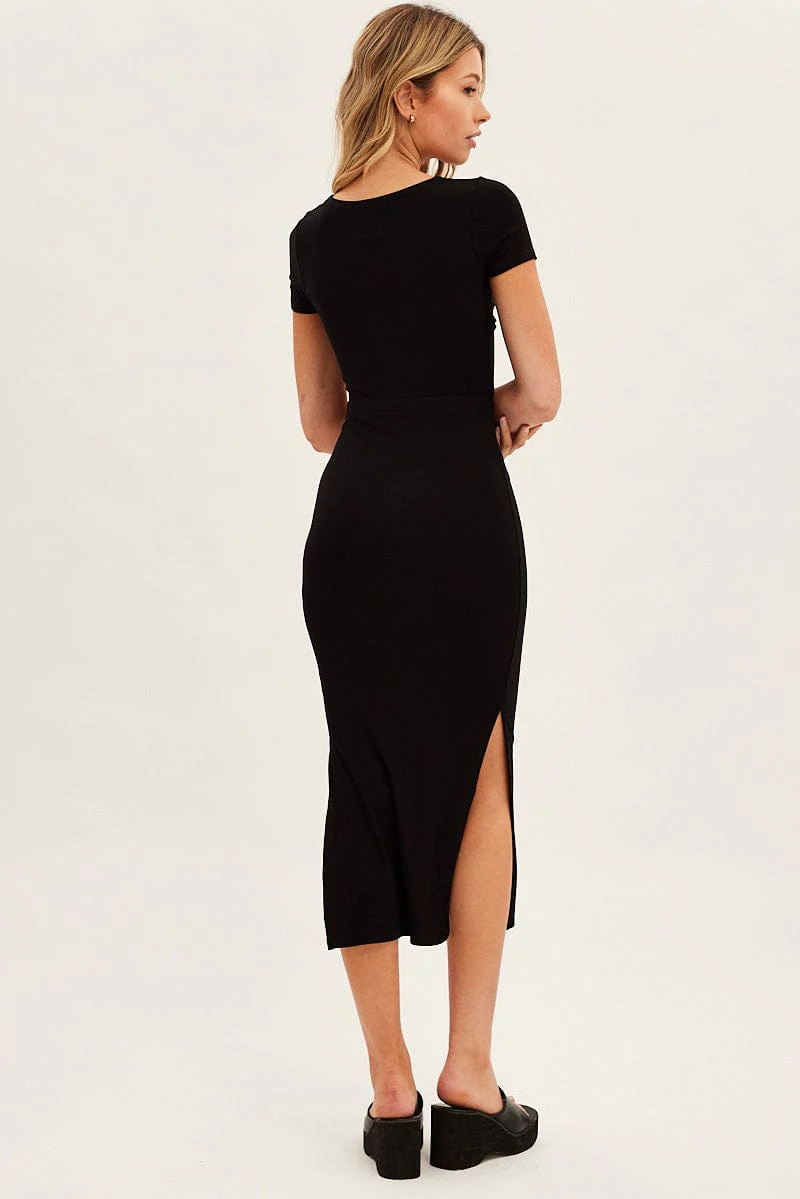 Black Bodycon Dress Rib Twist Front Cut Out Short Sleeve - Image 5