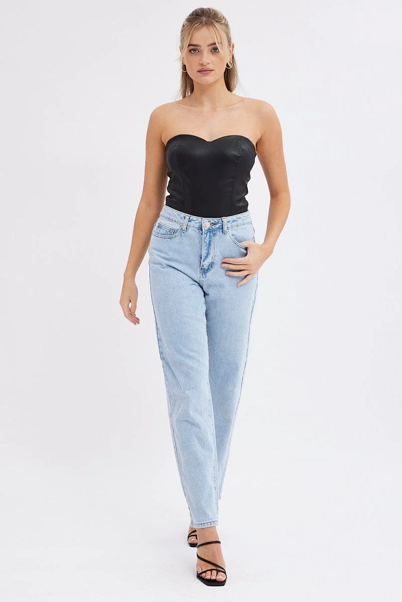 Black Bodysuit Sleeveless Sweetheart Faux Leather - Image 3