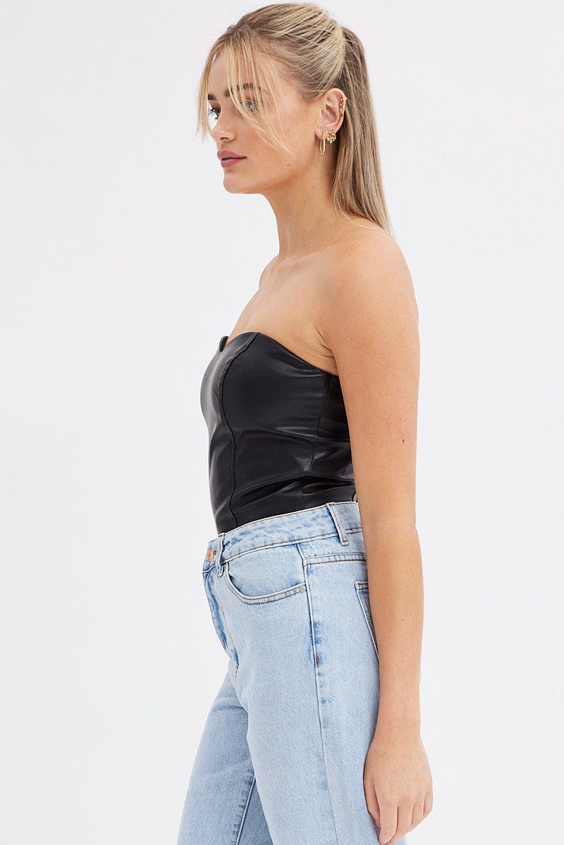Black Bodysuit Sleeveless Sweetheart Faux Leather - Image 4