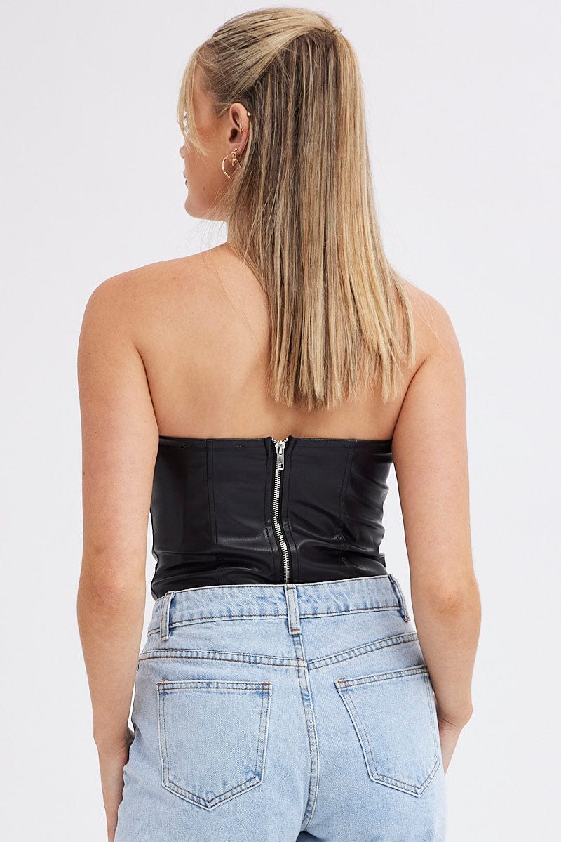 Black Bodysuit Sleeveless Sweetheart Faux Leather - Image 5