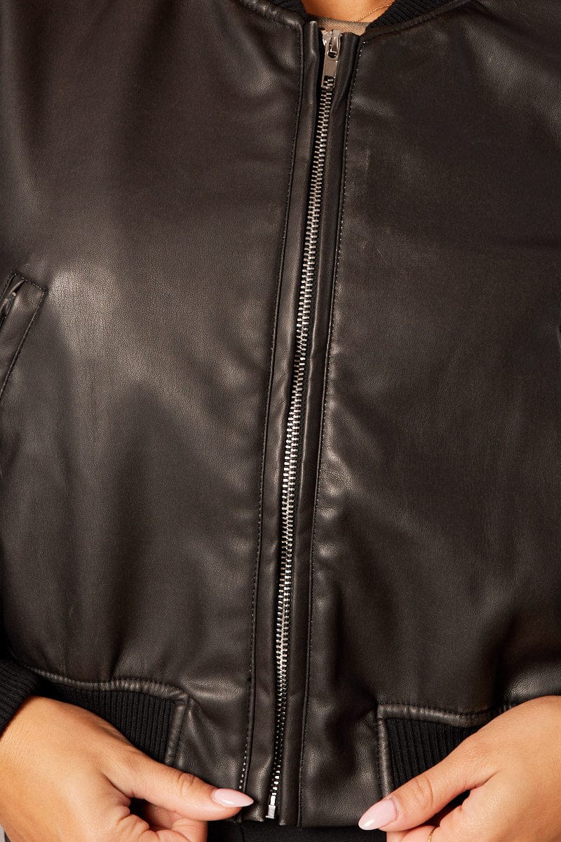 Black Bomber Jacket Crop Faux Leather - Image 6