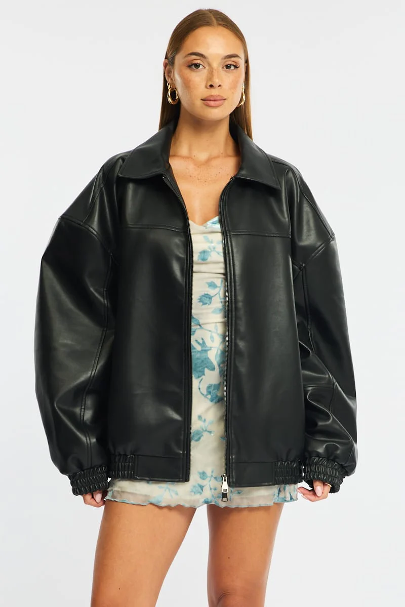 Black Bomber Jacket Faux Leather - Image 3