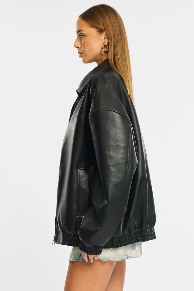 Black Bomber Jacket Faux Leather - Image 4