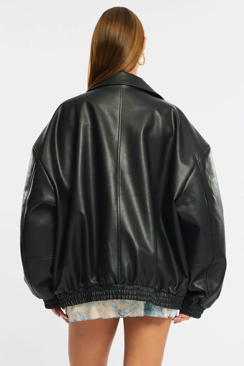 Black Bomber Jacket Faux Leather - Image 5