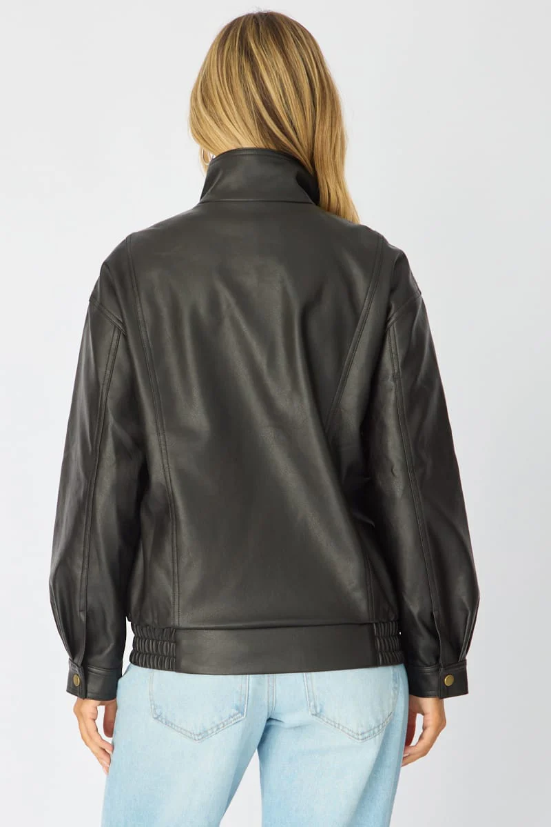 Black Bomber Jacket Washed Faux Leather - Image 5