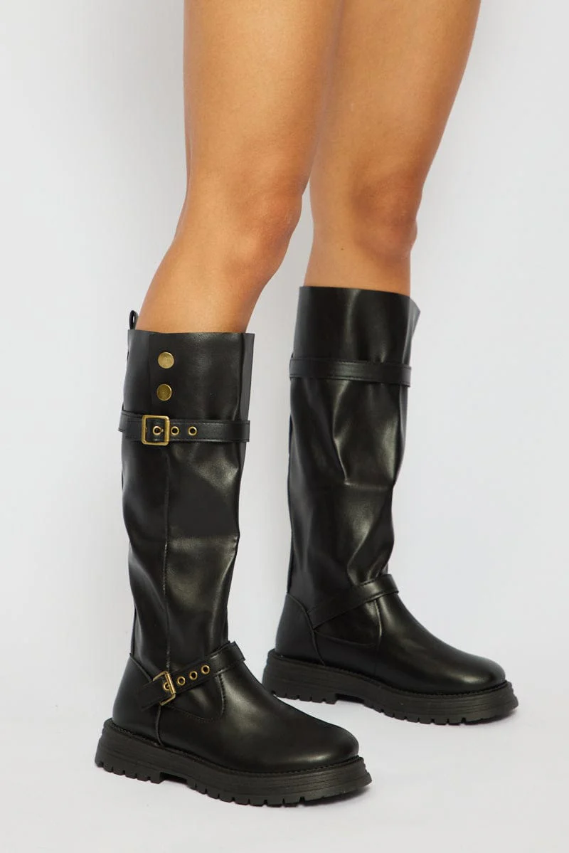 Black Buckle Detail Biker Boots