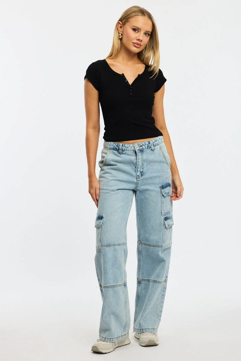 Black Button Down Tee Short Sleeve Rib - Image 2