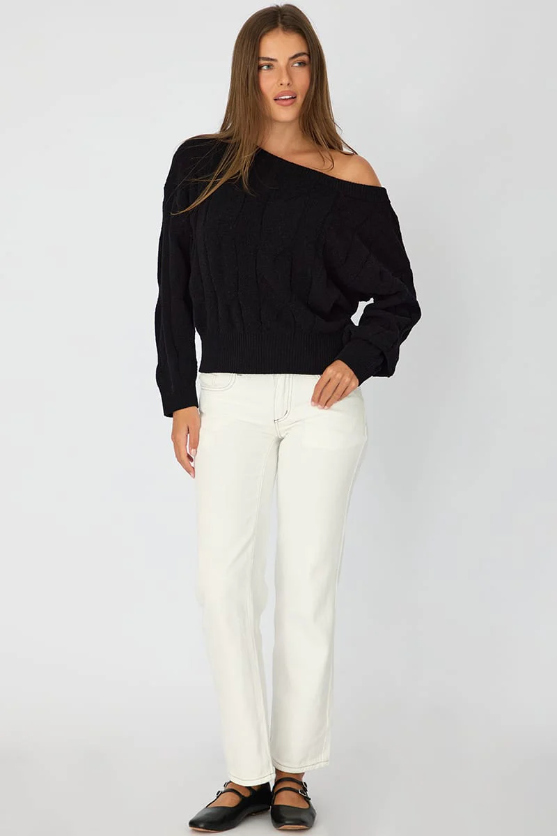 Black Cable Knit Off Shoulder Top - Image 3
